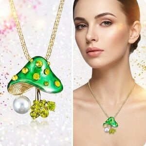 Gold Plated Green crystal mushroom necklace/Brooch